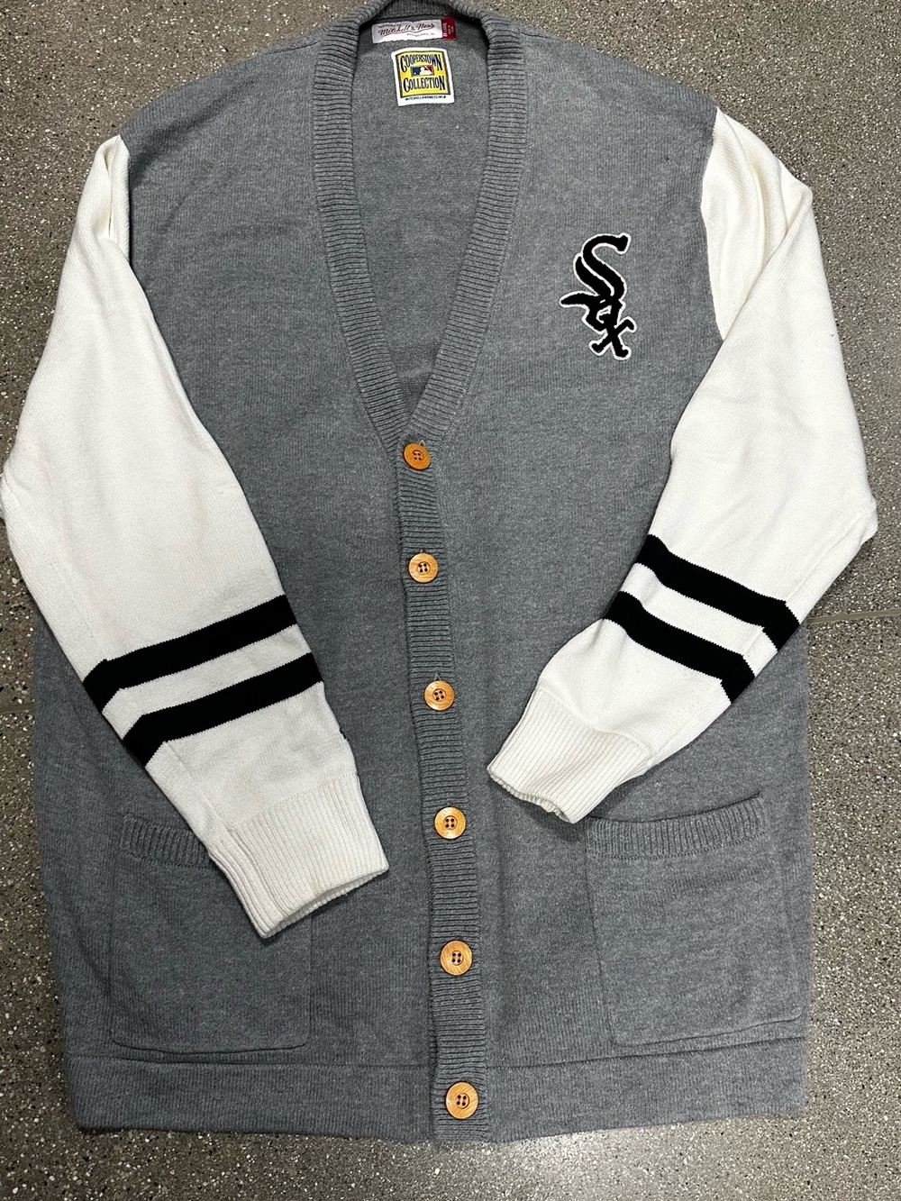 Mitchell & Ness Gray Cardigan with White Sleeves and Black Stripe Accents